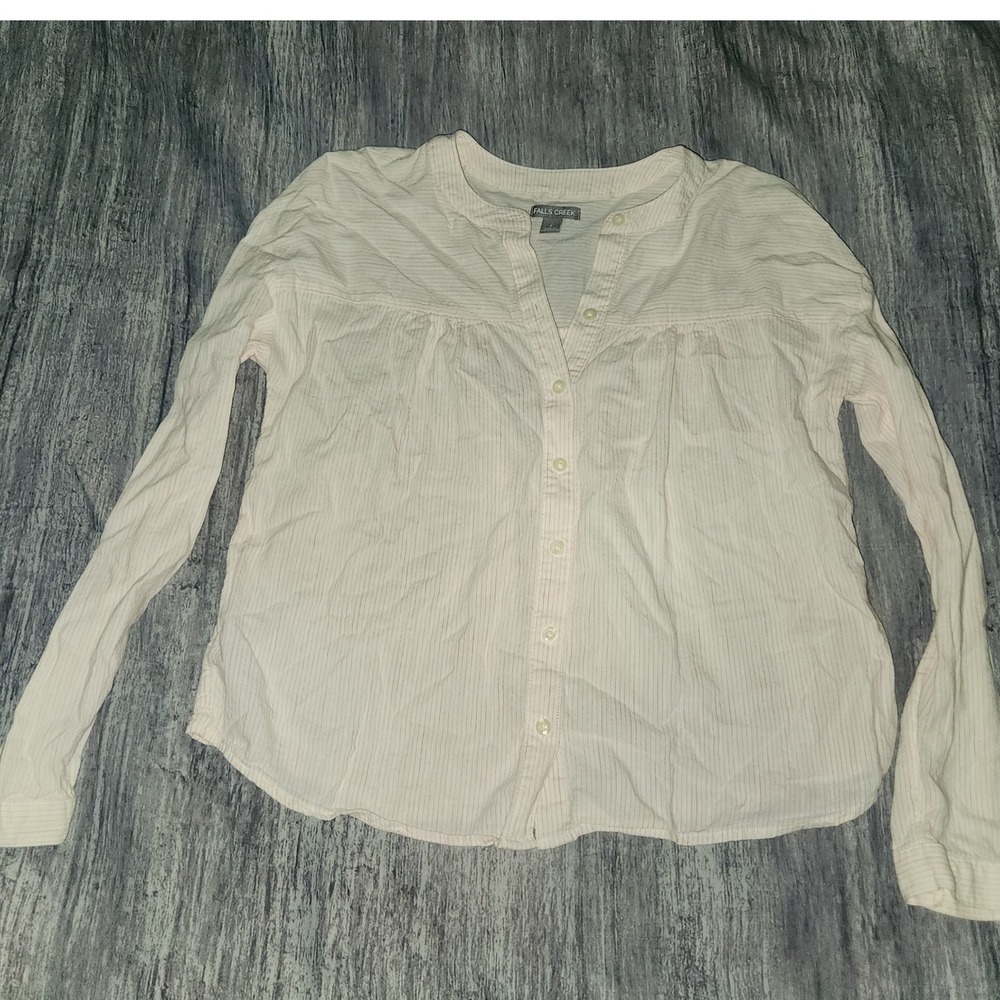 Falls Creek Women's White Pink Stripe Long Sleeve Collared Button Down Shirt Sm